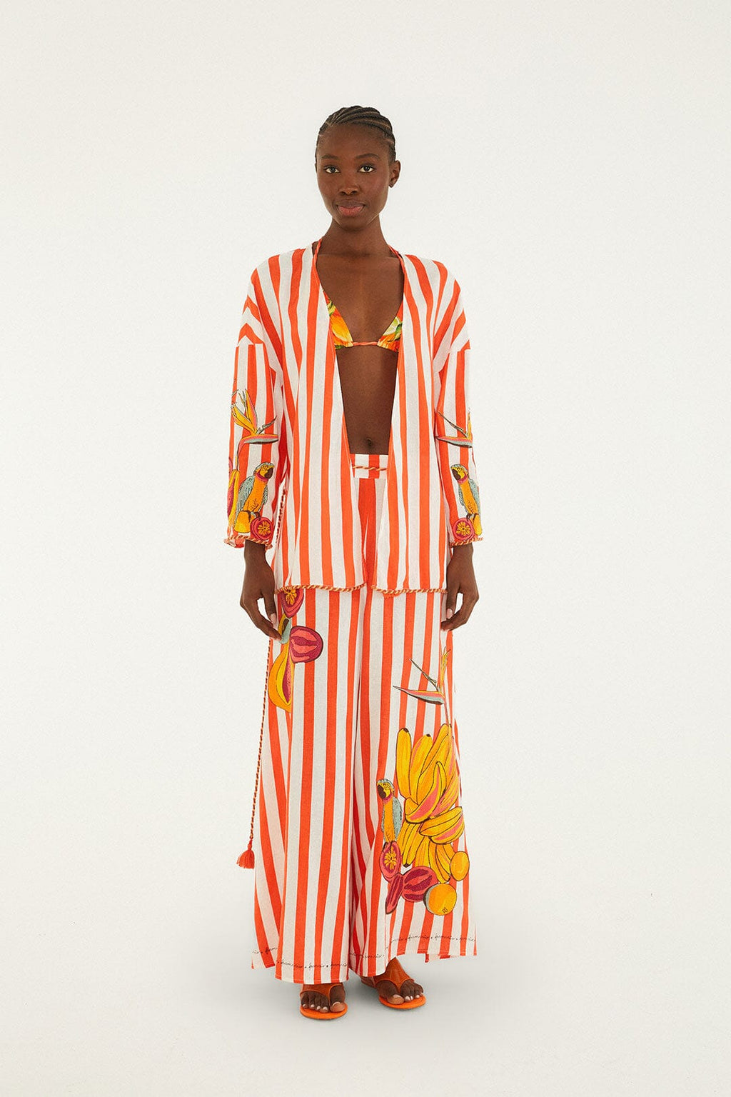 Red Fruit Stripes Rope Details Kimono