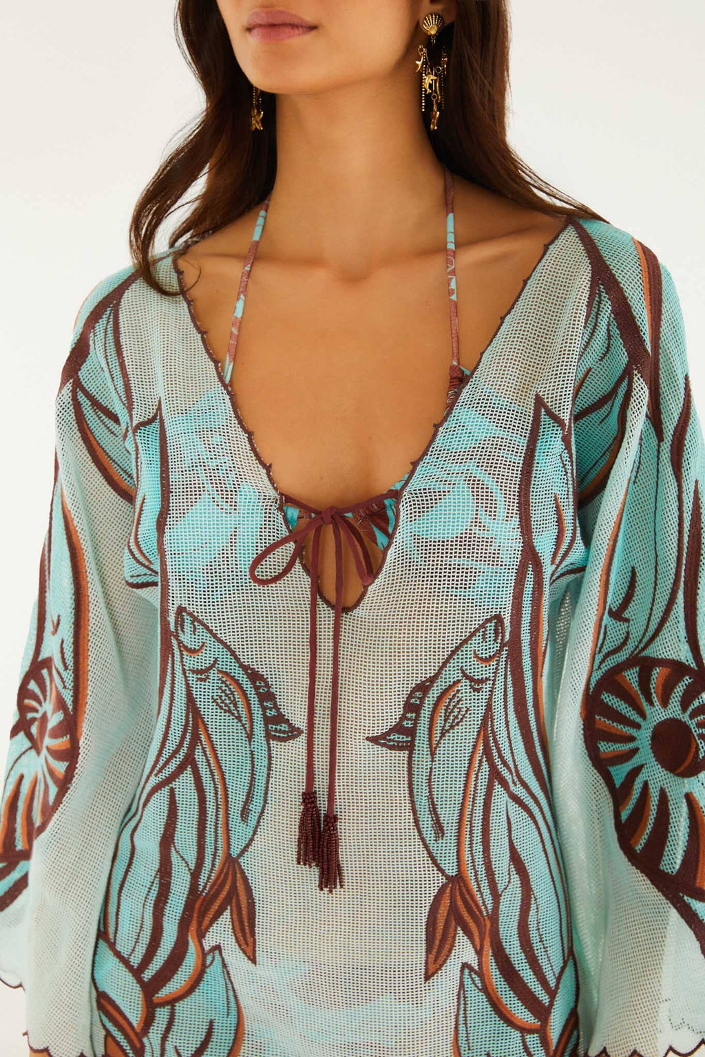 Blue Fish Net Embroidered Long Sleeve Mini Dress