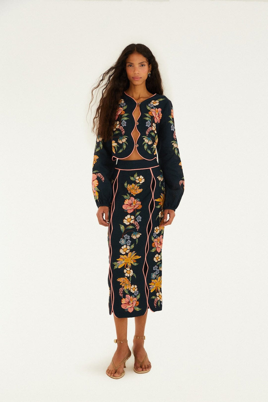 Dark Blue Maira Floral Midi Skirt