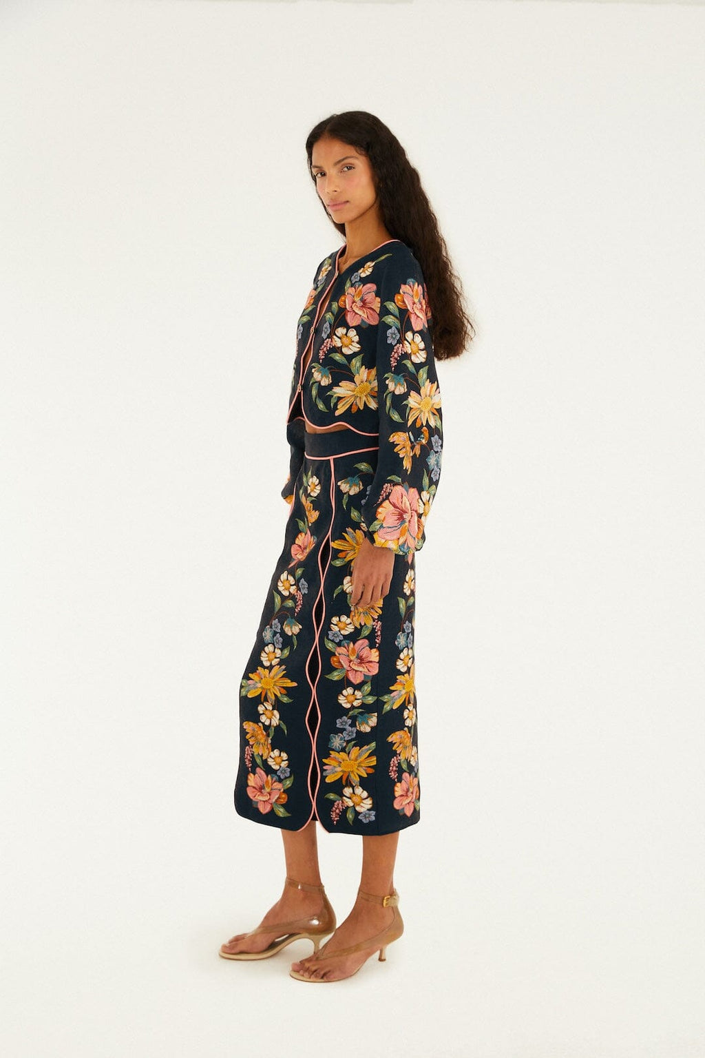 Dark Blue Maira Floral Midi Skirt