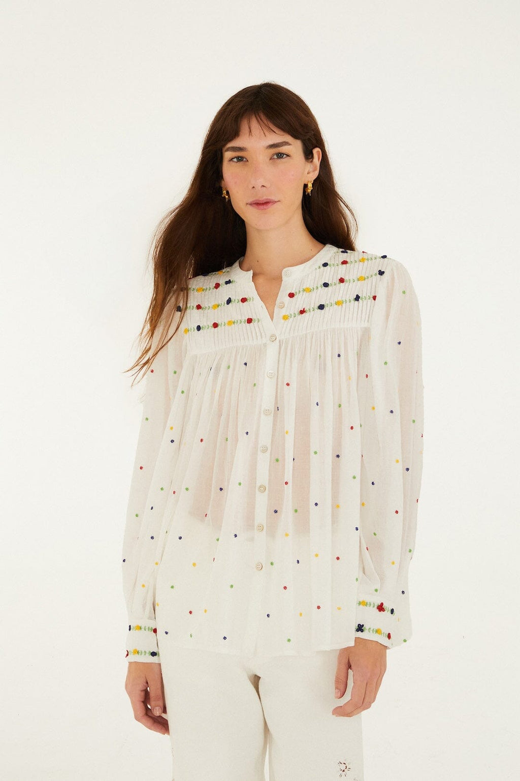 Off-White Embroidered Beads  Long Sleeve Blouse