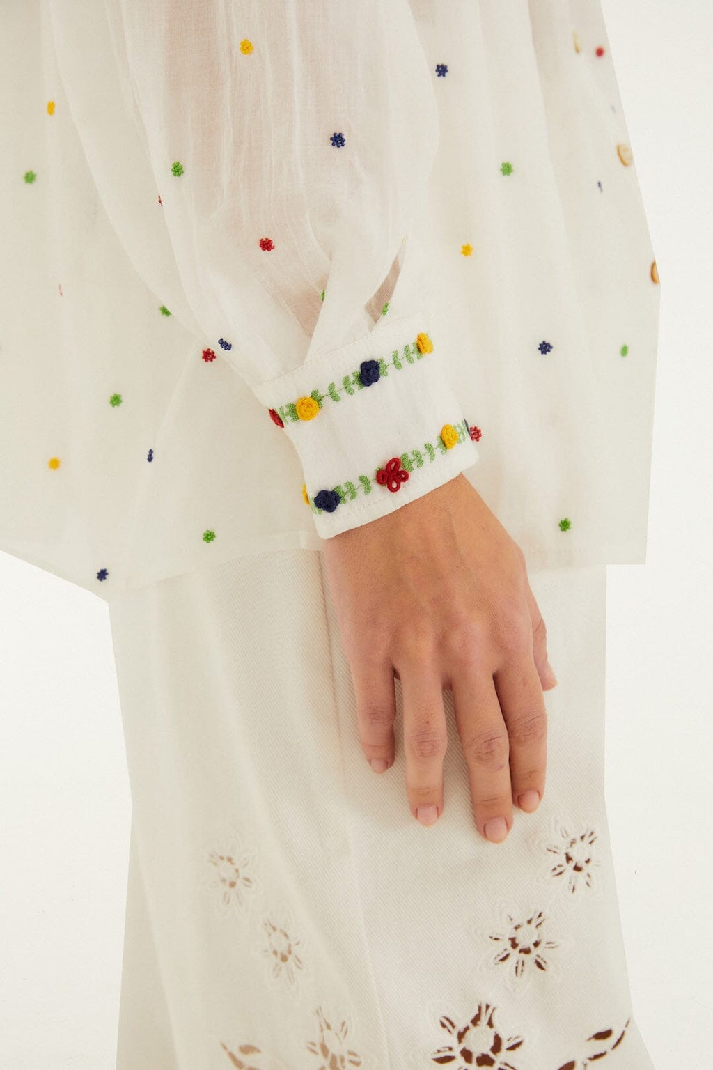 Off-White Embroidered Beads  Long Sleeve Blouse