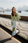 Blue Embroidered Palm Tree Maxi Skirt