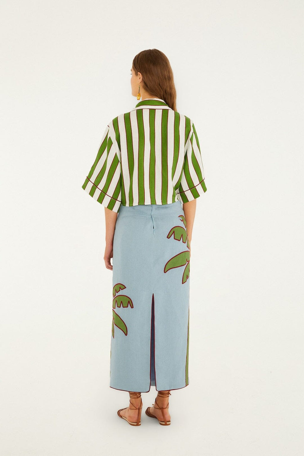 Blue Embroidered Palm Tree Maxi Skirt