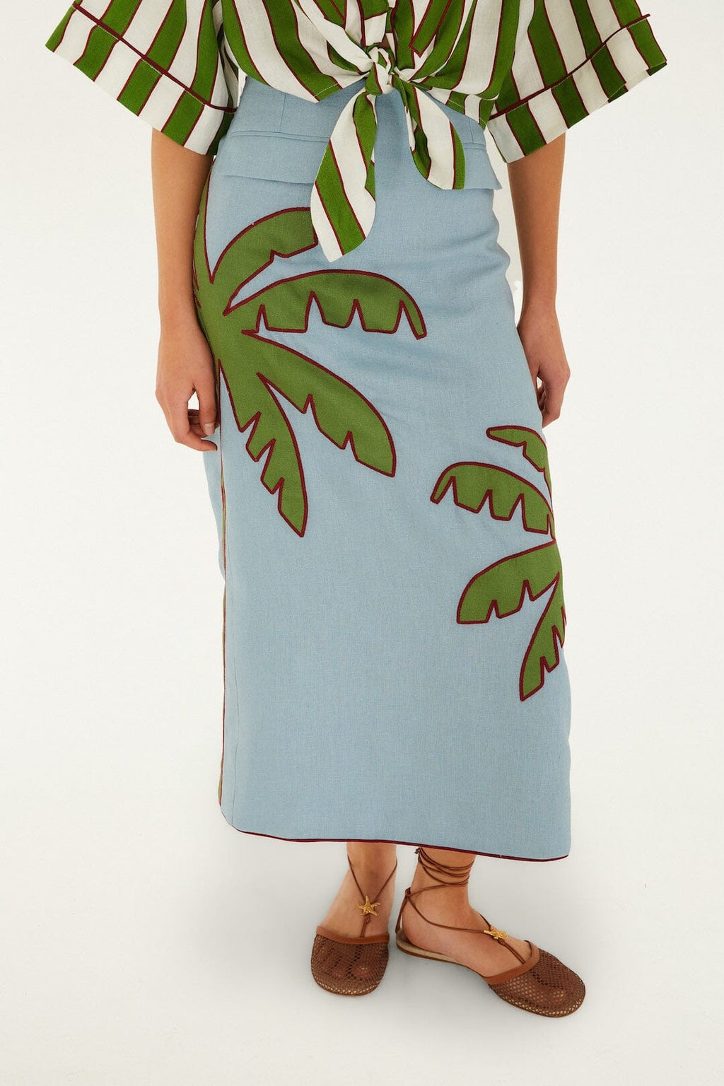 Blue Embroidered Palm Tree Maxi Skirt