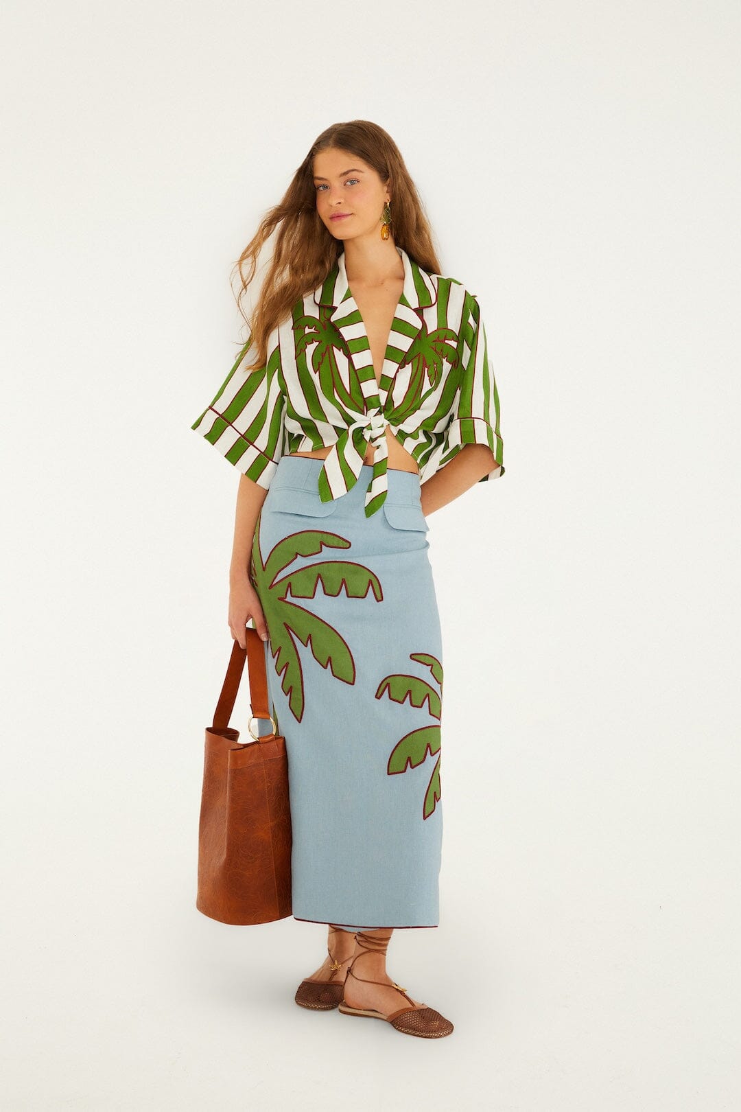 Blue Embroidered Palm Tree Maxi Skirt