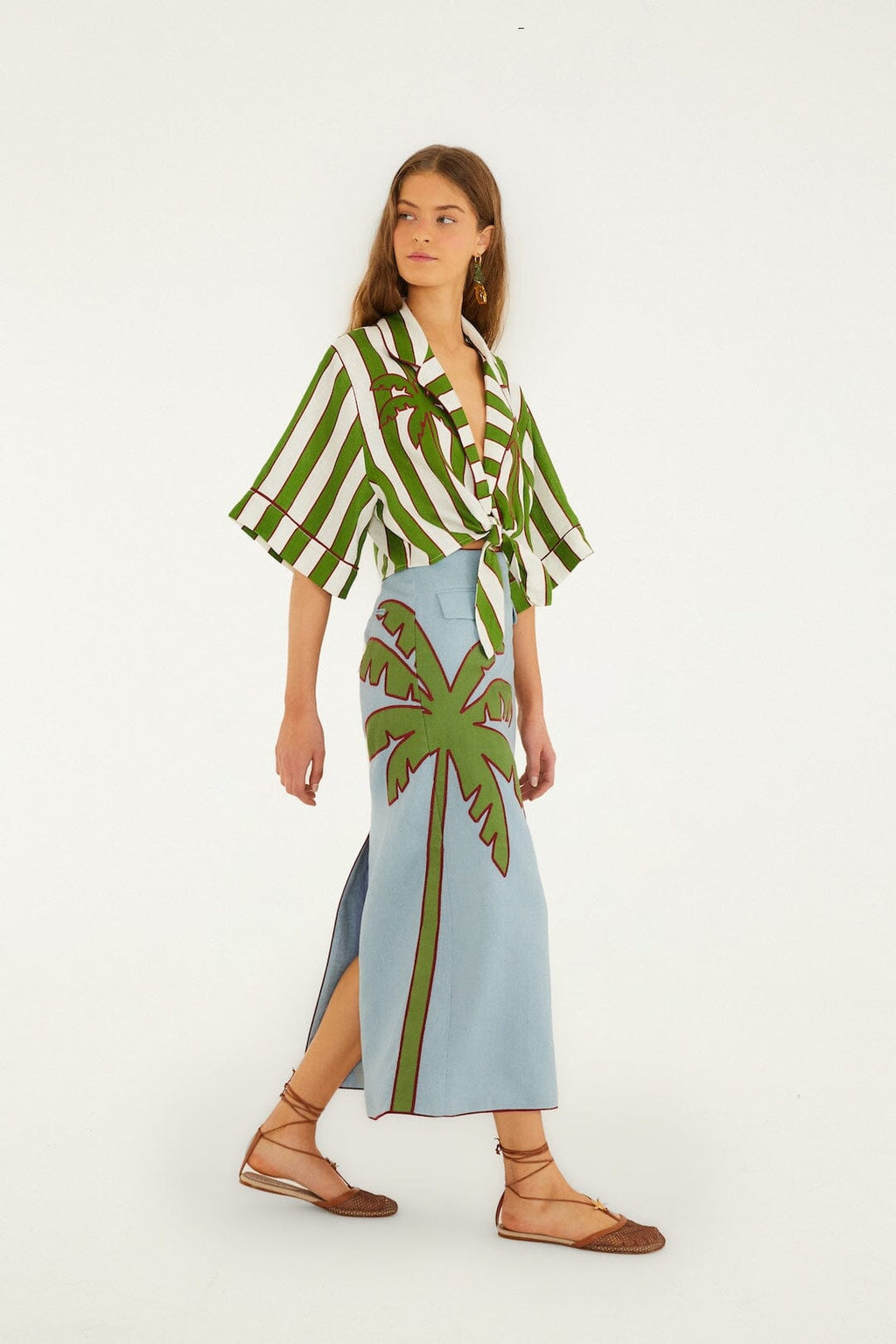 Blue Embroidered Palm Tree Maxi Skirt