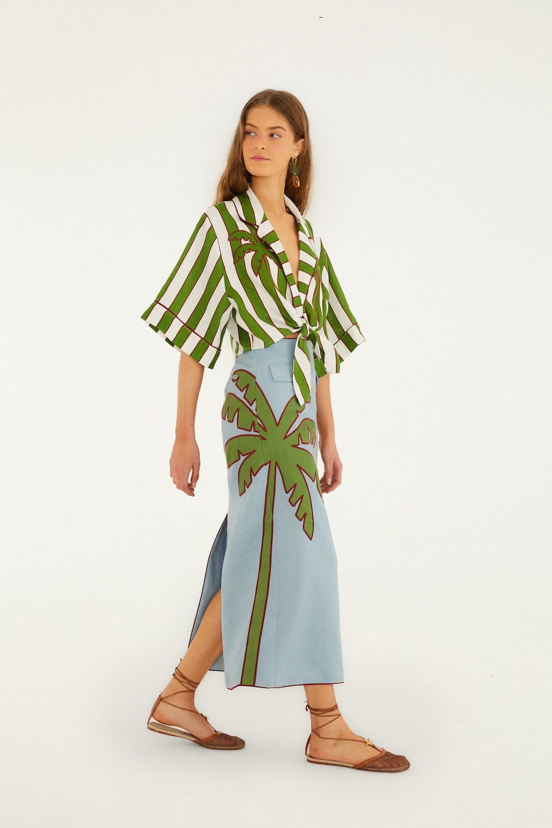 Blue Embroidered Palm Tree Maxi Skirt