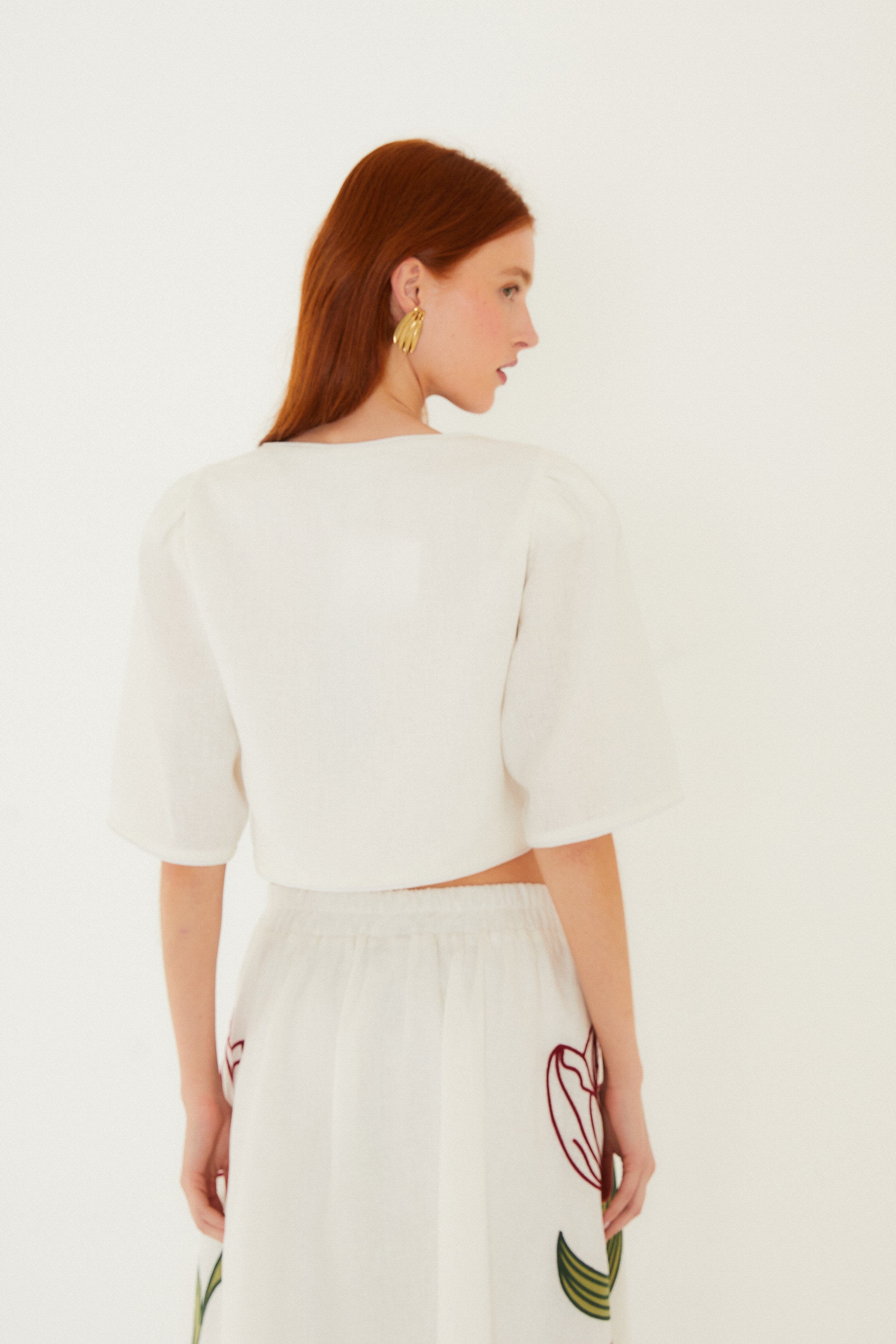 Off-White Flower Embroidered  Crop Top