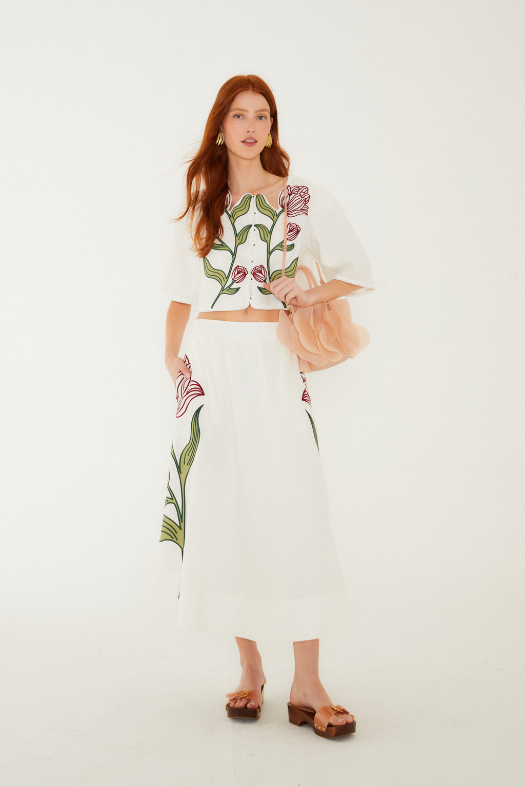 Off-White Flower Embroidered  Crop Top