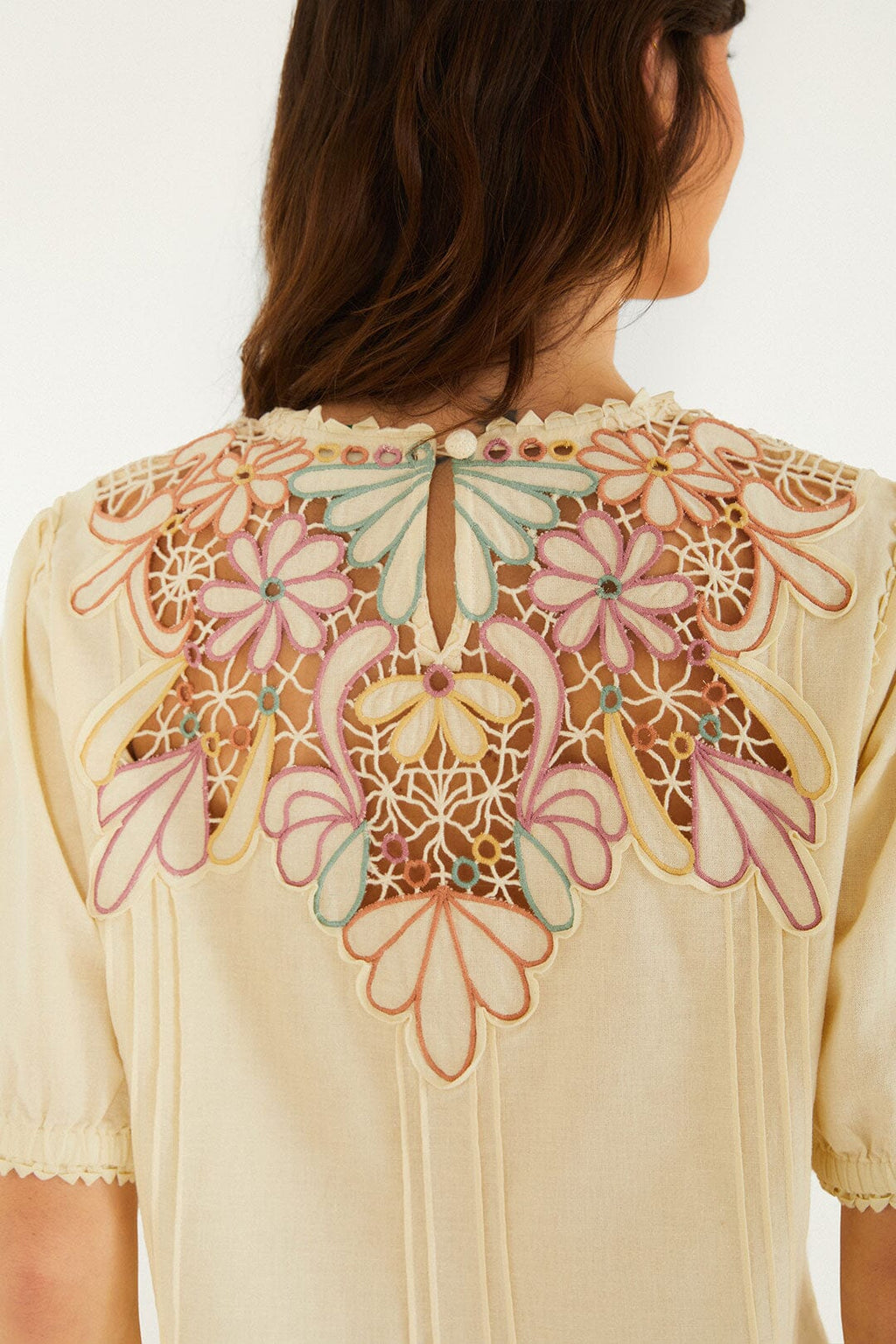 Beige Flower Embroidery Short Sleeve Blouse