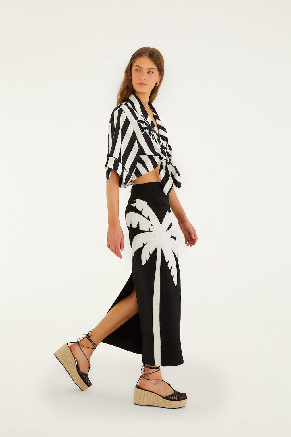Black Embroidered Palm Tree Maxi Skirt
