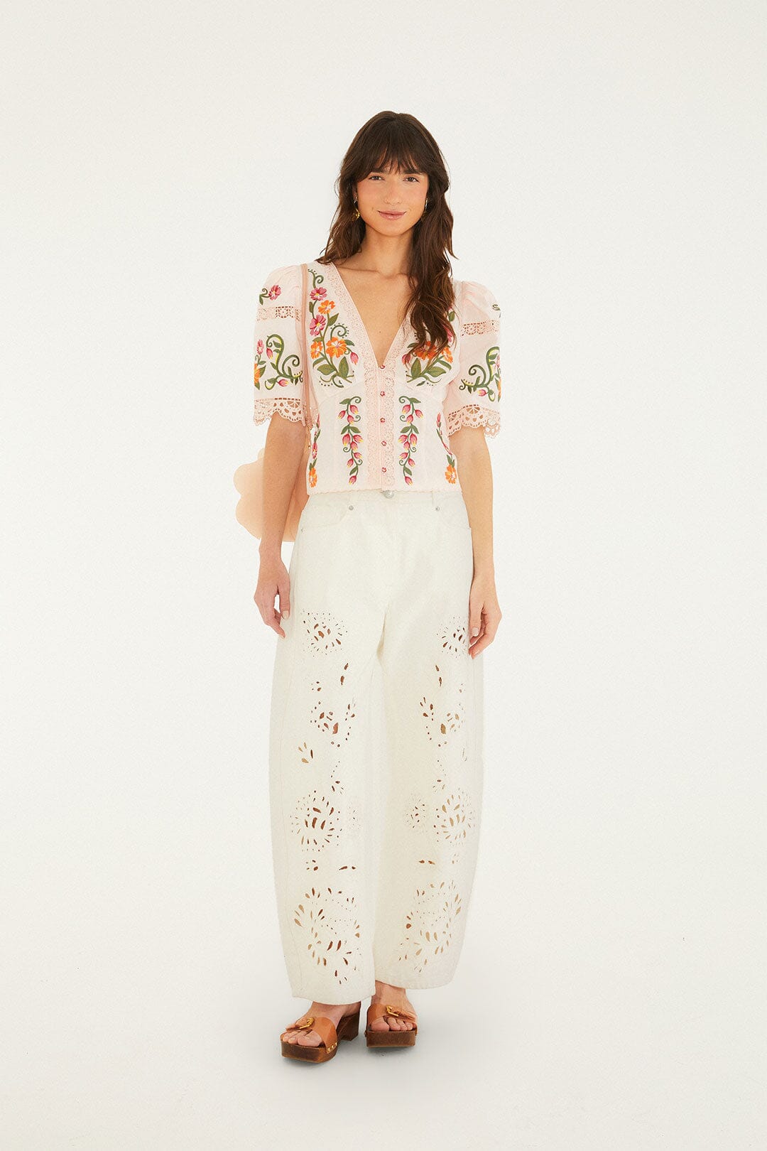Off-White Flower Embroidery Puff Sleeve Blouse