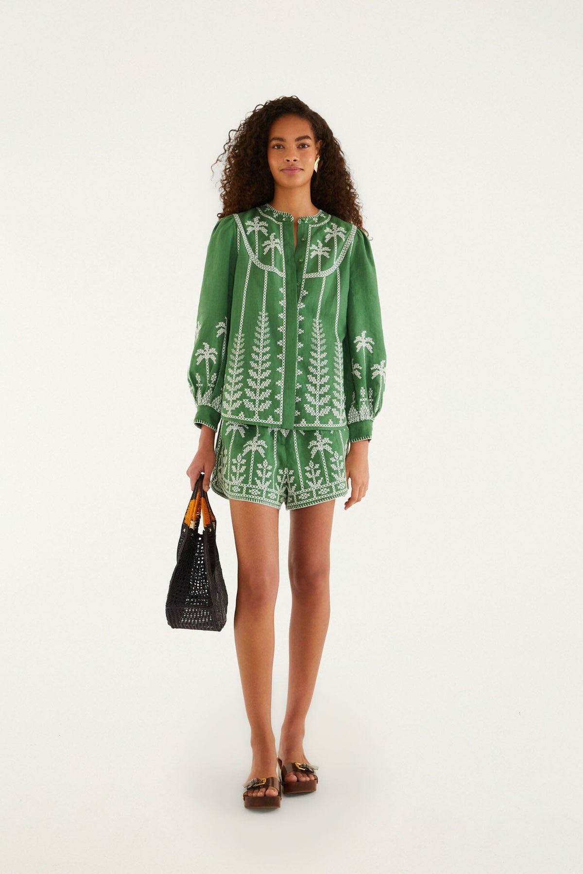 Bicolor Cross Stich Embroidery Blouse Long Sleeve