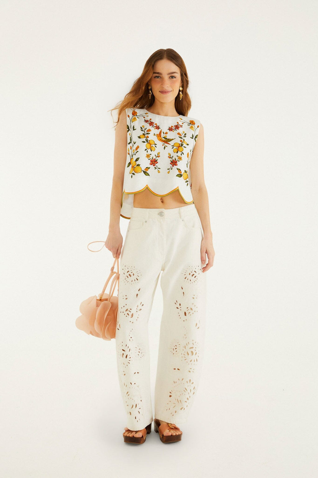 Off-White Lemon Bouquet Wavy Hem Sleeveless Blouse