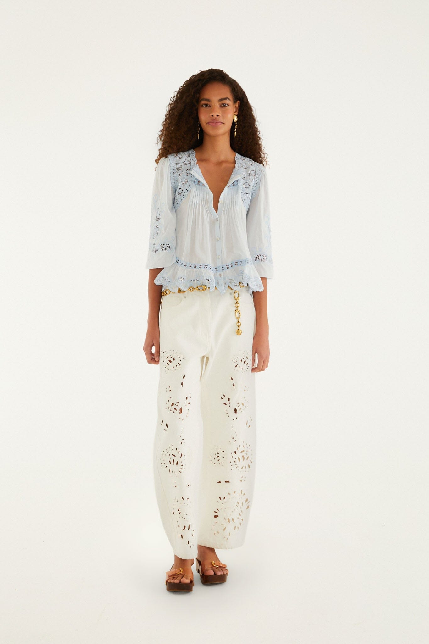 Light Blue Richelieu Short Sleeve Blouse