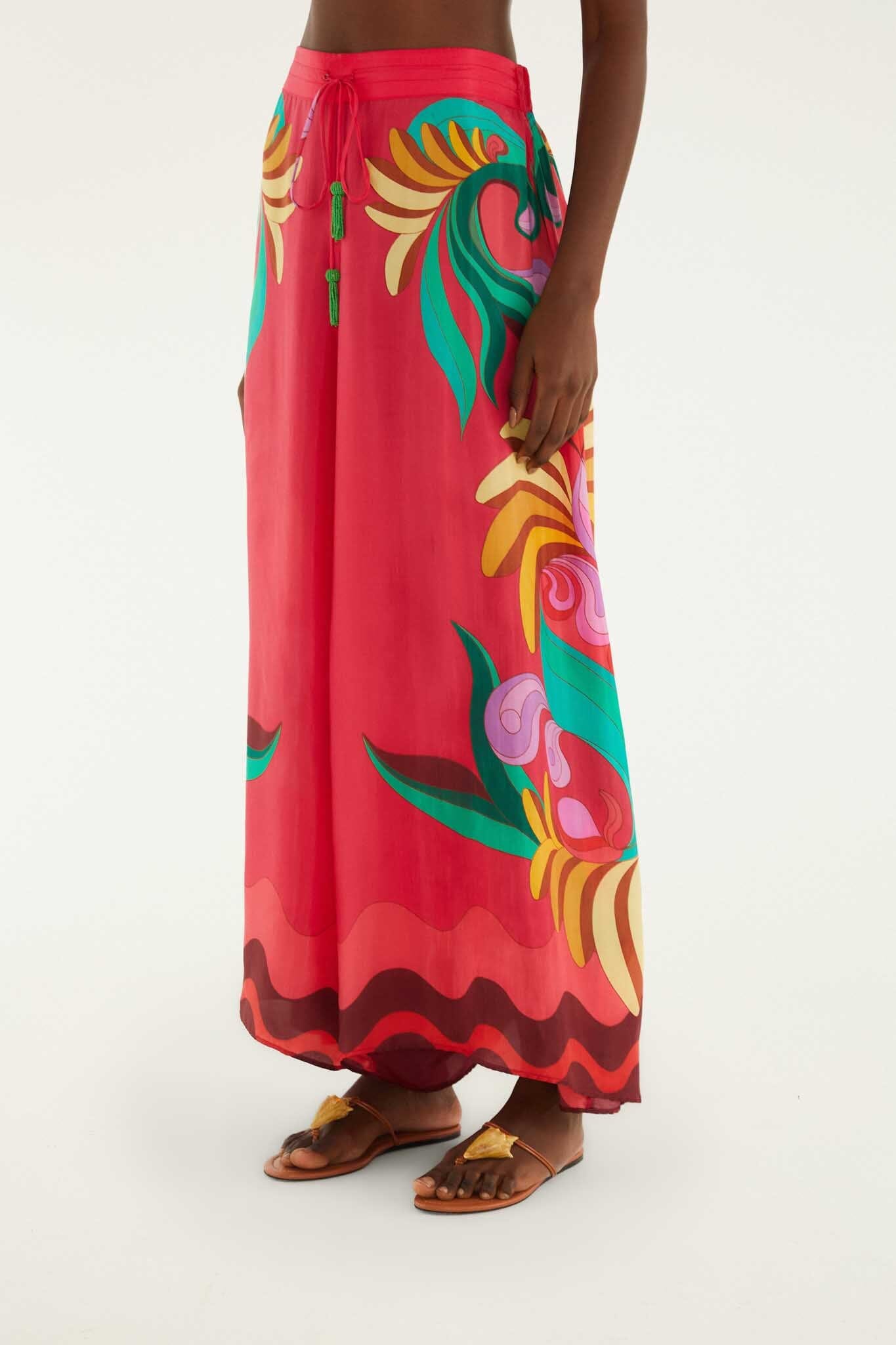 Multicolor Nature Beaded Tasssels Wide-Leg Pants