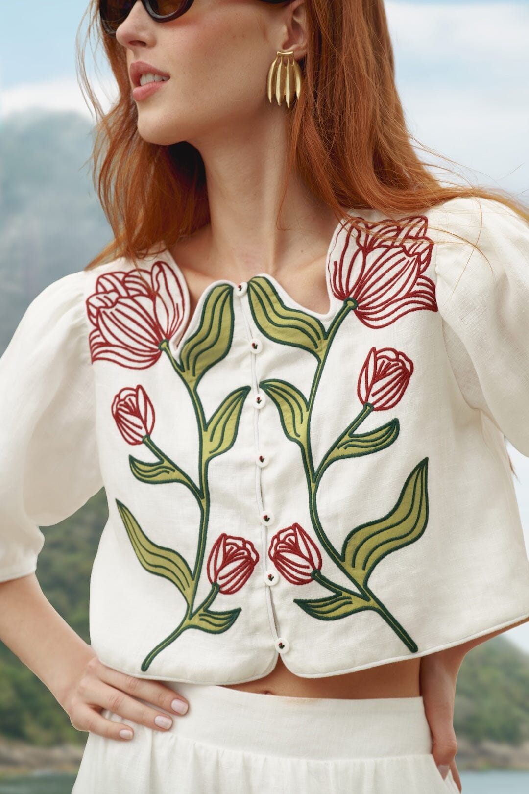 Off-White Flower Embroidered  Crop Top