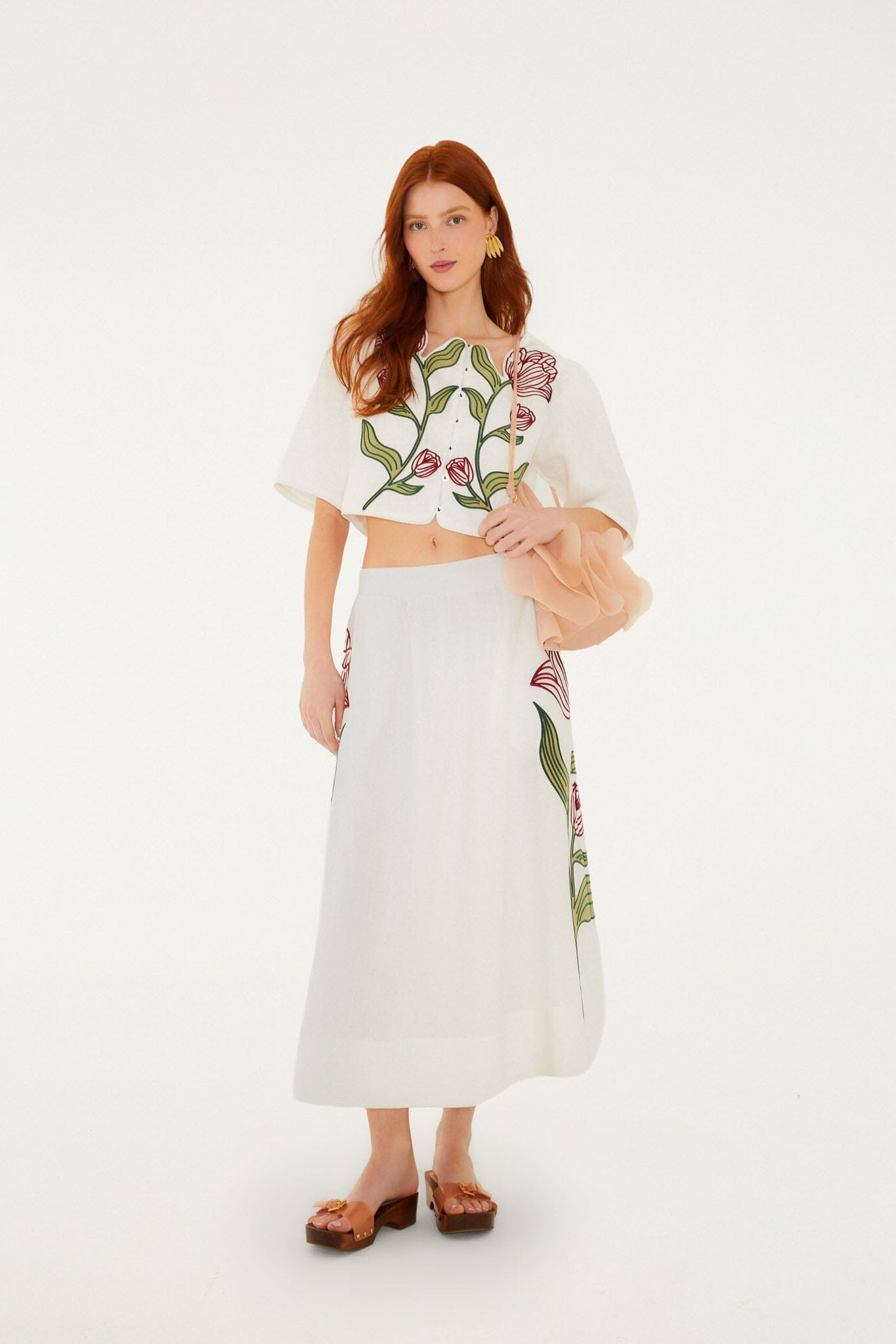 Off-White Flower Embroidered  Midi Skirt