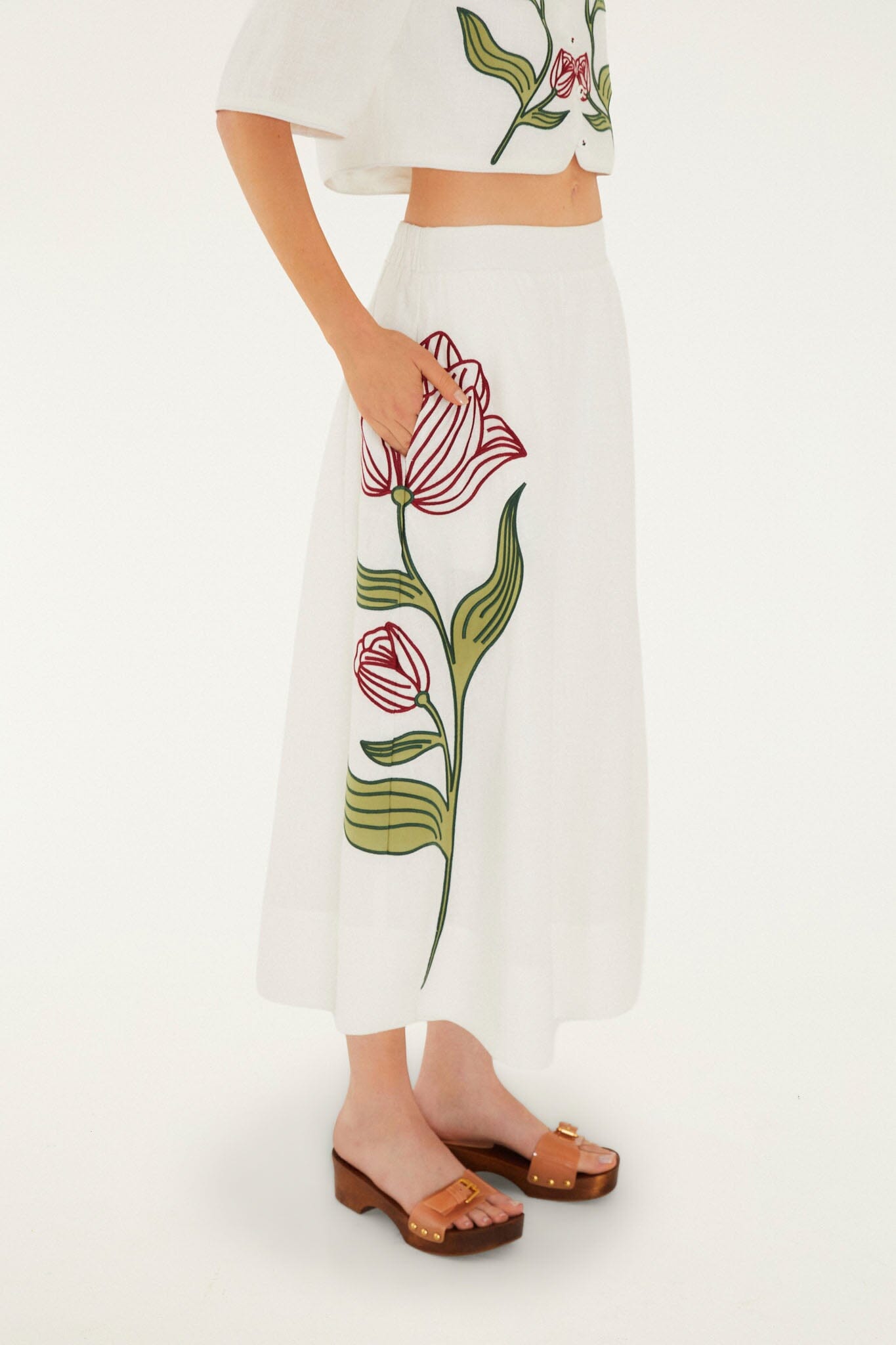 Off-White Flower Embroidered  Midi Skirt