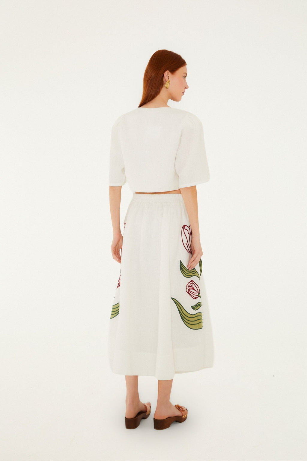 Off-White Flower Embroidered  Midi Skirt