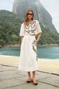 Off-White Flower Embroidered  Midi Skirt