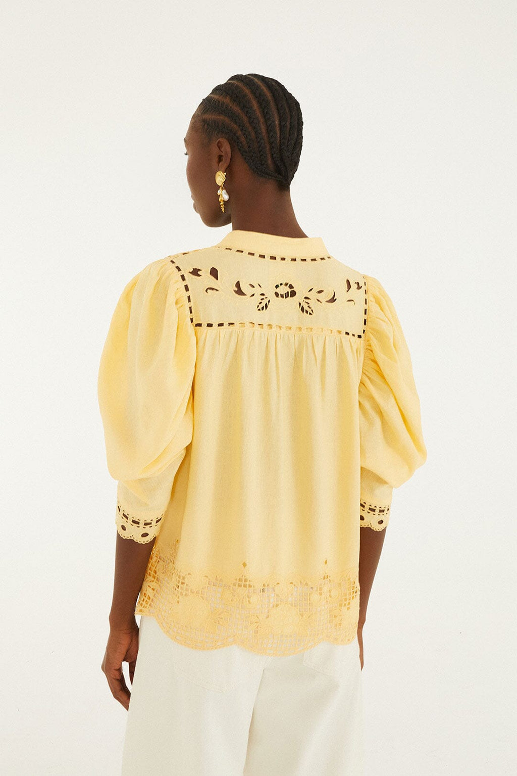 Yellow Romantic Richelieu Short Sleeve Blouse